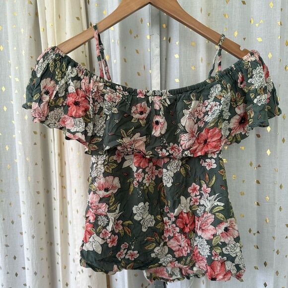 Billabong Summer Sunsets Crinkle Floral Ruffle Off Shoulder Blouse Top M - Picture 3 of 7